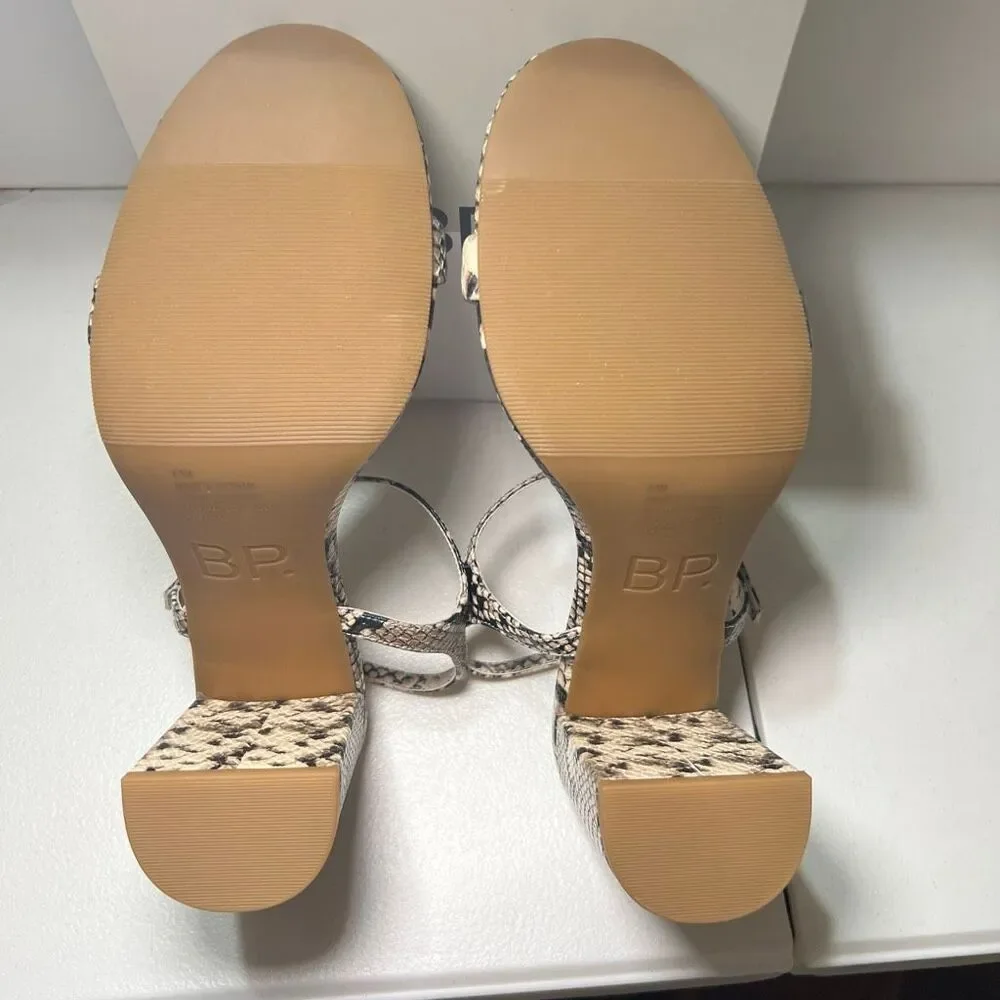 NIB Python Print BP Strappy Wide Block Heels 8.5 Vegan Leather
